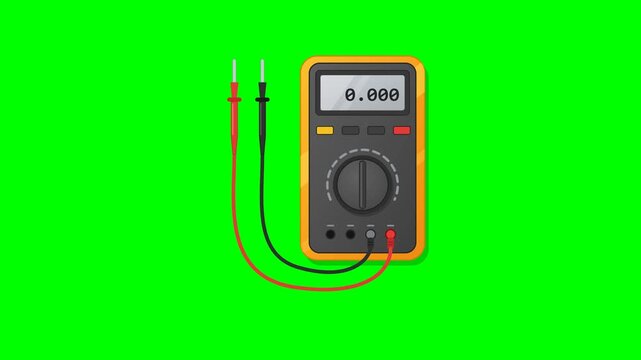 Flat vector digital multimeter like the reference on solid chroma green background: orange body with diagonal highlight, dark gray face, LCD screen with glass shine showing 0.000, yellow gray and red