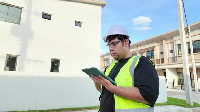 Male civil engineer checking house construction progress on tablet during site inspection for real estate development and building supervision.