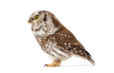 Naklejka premium Tengmalm's owl standing with bright yellow eyes