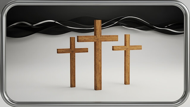 3D rendering of three wooden crosses representing faith and religion