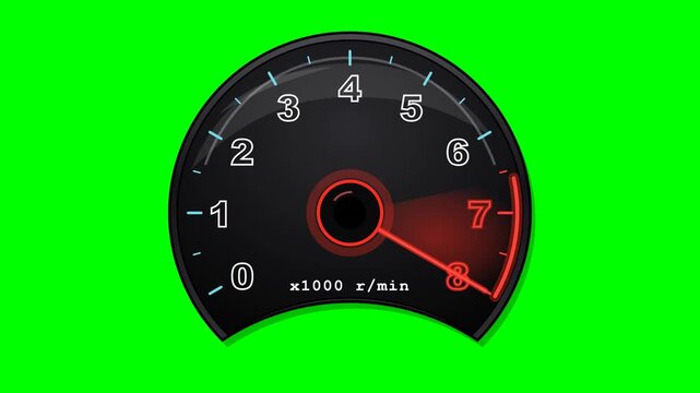 Flat vector black tachometer like the reference on solid chroma green background: glossy black cluster silhouette with concave bottom and beveled rim, dark dial with diagonal glass shine, cyan ticks a