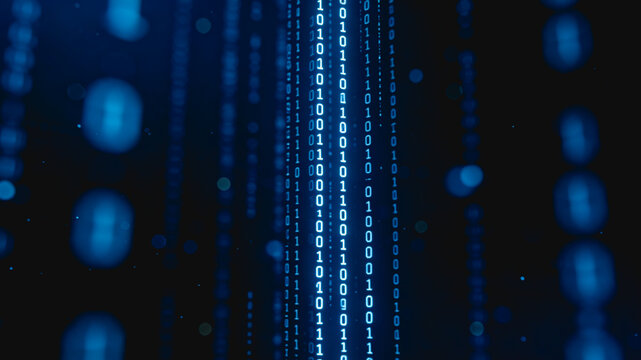 Abstract digital background featuring vertical binary code streams and blurred light particles, representing data and technology.