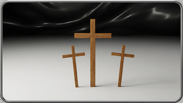 Minimalist three wooden crosses banner template for religious themes