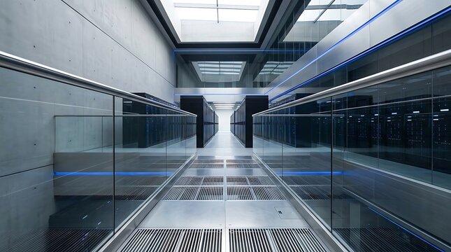Modern observation bridge overlooking a high-tech server room data center facility.
