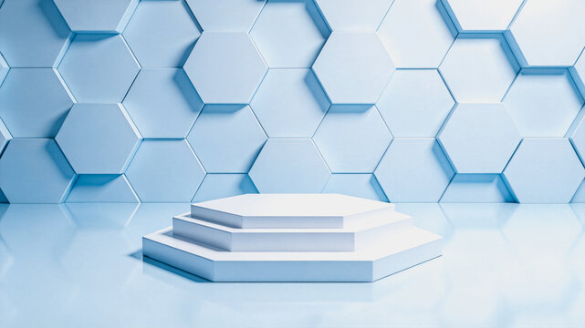 A minimalist 3D rendered scene featuring a three-tier hexagonal white display pedestal against a light blue hexagonal tiled wall backdrop.