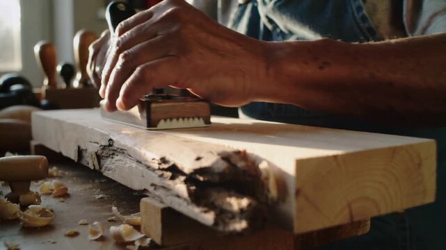 Planing carpenter in denim apron with hand plane touching live-edge plank on bench, smoothing plank