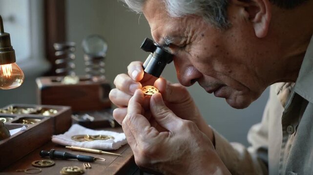 Reaching for parts at bench, watchmaker lifting brass gear, holding loupe, in shirt for repair