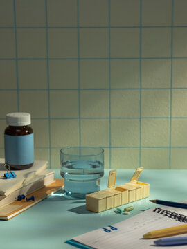 Aesthetic study scene with books, water, and medication on a table