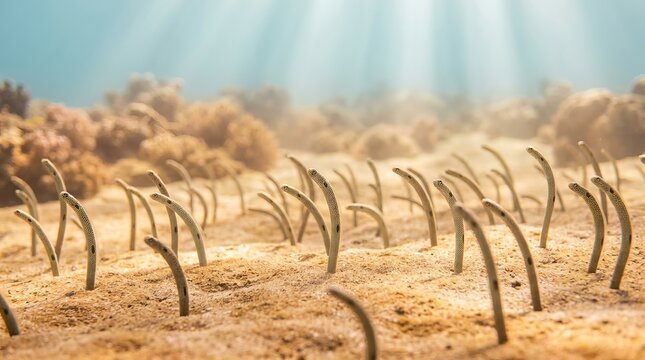 Swarm of sandworms emerging from the golden desert sand.