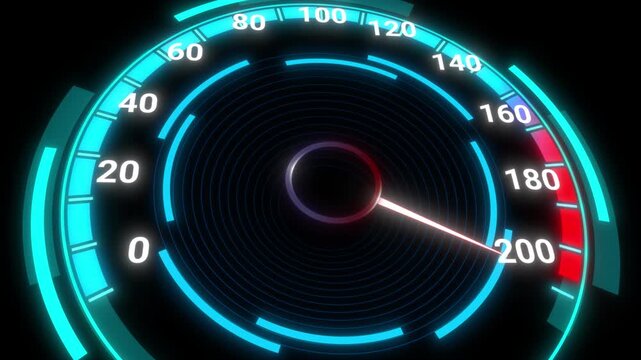 Futuristic neon speedometer HUD animation with camera zoom on transparent background. Speed indicator overlay.