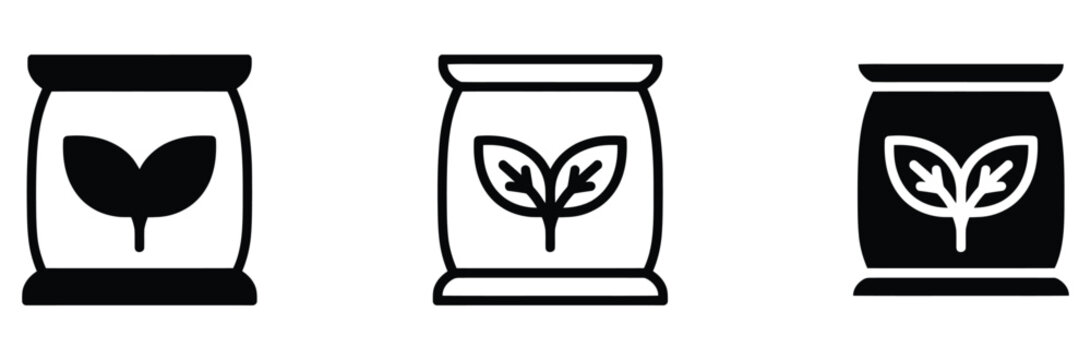 WebFertilizer bag line and solid icon set featuring plant seeds, organic soil, farming bag, agriculture, and gardening concept vector illustration