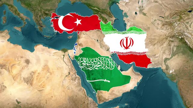 Middle East Geopolitics: Saudi Arabia, Iran, Israel, Turkey, UAE Satellite Map Animation