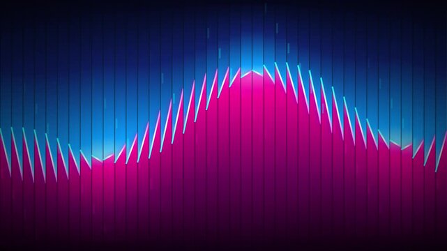Neon audio equalizer wave with glowing magenta and blue vertical bars pulsing to represent a digital music soundwave on a dark backdrop