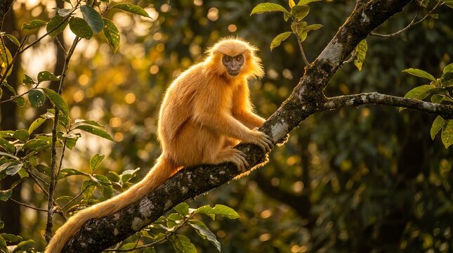 Golden langur monkey resting on a tree branch.