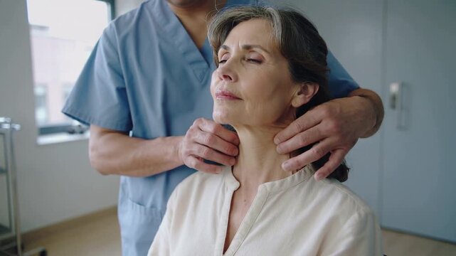 Placing hands under jaw, clinician in blue scrubs palpating female patient neck at clinic for exam