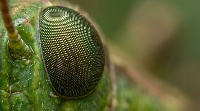Macro shot of a detailed insect eye on a textured green plant.
