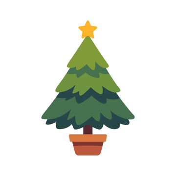 Tabletop Christmas tree icon in planter pot, flat illustration