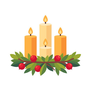 Advent candles icon with greenery and berries, flat illustration