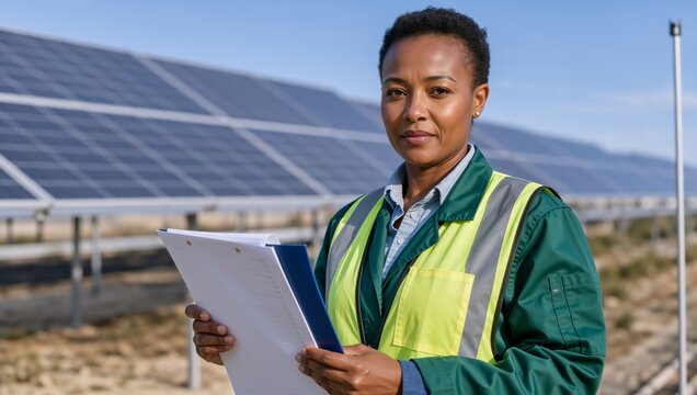 Female engineer holding a clipboard at a solar panel farm. Professional Black woman worker in high-visibility vest at a renewable energy site
