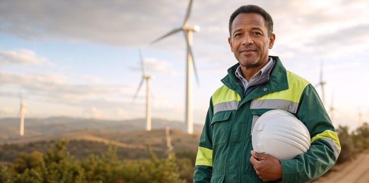 Portrait of a Black male engineer holding a hard hat at a wind farm. Professional worker in high-visibility jacket at a renewable energy site with wind turbines