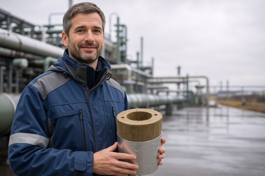 Industrial worker holding insulated pipe cladding at a refinery. Male engineer showing pipeline insulation material. Outdoor industrial facility maintenance