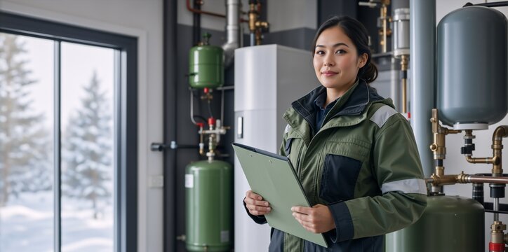 Female HVAC technician holding a clipboard in a utility room. Portrait of a young Asian woman inspecting a heating system. Boiler room maintenance worker
