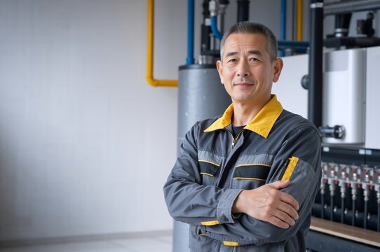 Portrait of a smiling Asian male technician with arms crossed in a boiler room. Professional heating engineer in grey and yellow uniform. Copy space on the left