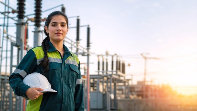 Portrait of a young female electrical engineer holding a hard hat at a power substation. Confident woman technician in high-visibility uniform at sunset