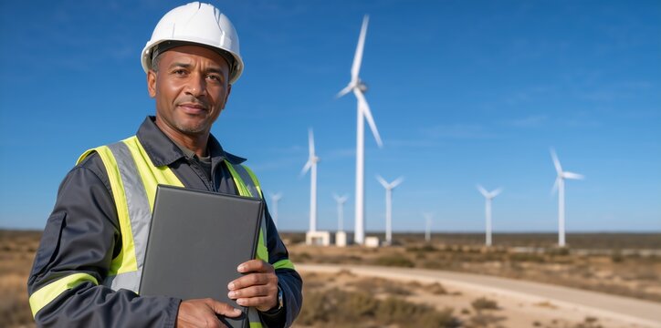 Renewable energy engineer standing at a wind farm. Black male technician in hard hat and safety vest holding a folder. Wind power turbine sustainability concept