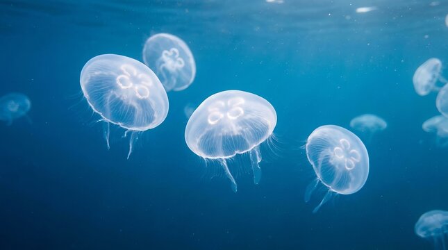 Glowing jellyfish suspended in deep blue ocean water