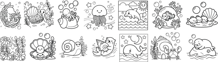 Naklejka premium Cute Kawaii Animal Doodle Collection with Octopus, Bunny, Snail, Pumpkin and Sweet Cartoon Characters Black Outline Vector Set