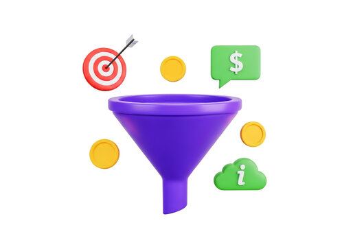 Purple marketing sales funnel with icons and gold coins