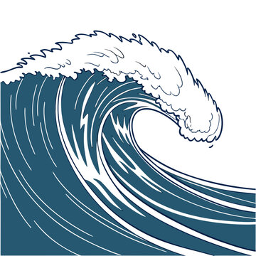 Blue vector illustration of large ocean wave cresting with sea spray water wave big wave surf wave tidal wave water foam vector graphic color art graphic design fluid motion liquid art