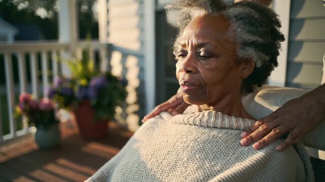 Reaching helper unfolding knit blanket, draping senior woman wearing light top on porch to warm