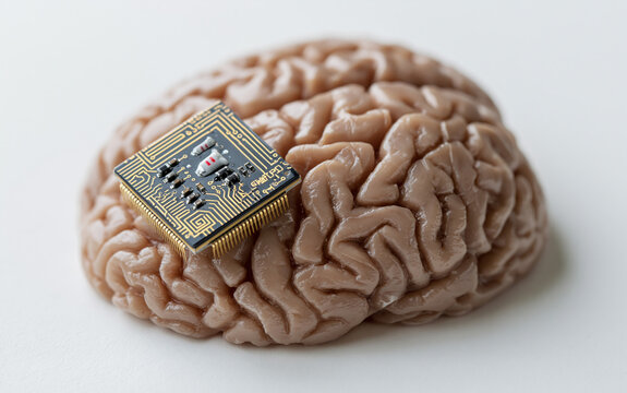 Microchip On The Brain On White Background. Сoncept Neurotechnology Advancements, Brain-Computer Interfaces, Cognitive Enhancement, Biohacking, Future Of Brain Implants