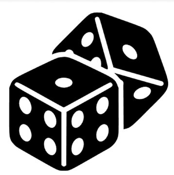 Two overlapping dice in bold black-and-white style, showing numbers three and four, symbolizing chance, probability, gaming, and randomness.