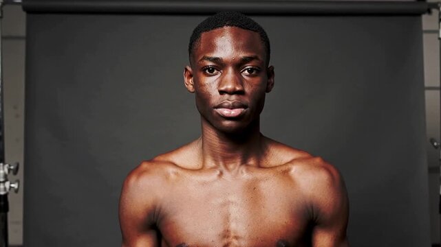 Turning shirtless model reacting to photographer cue, rotating into frontal pose at backdrop stands