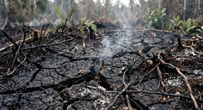 A close-up view of cracked, dry, and blackened soil with charred branches and lingering thin smoke. This image symbolizes ecosystem destruction and the severe impacts of extreme drought and wildfires.