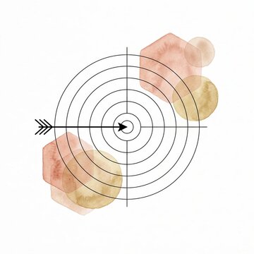 Minimalist Crosshair Target with Arrow Hitting Center on Watercolor Circles Backdrop