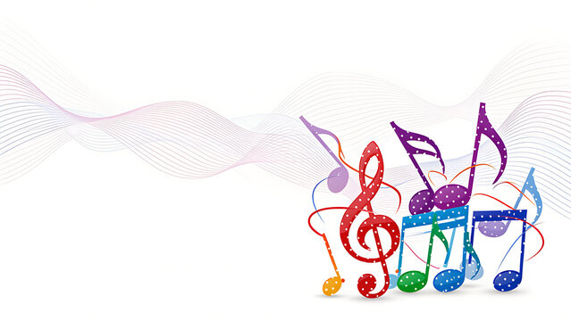 Decorative colorful music notes border with abstract sound waves