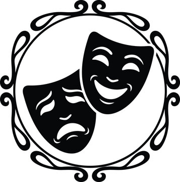 Black comedy and tragedy masks in ornate circular frame theater drama de