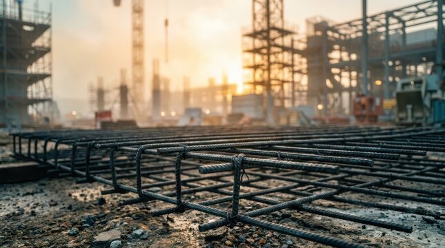 Construction site with steel rebar reinforcement framework at sunset