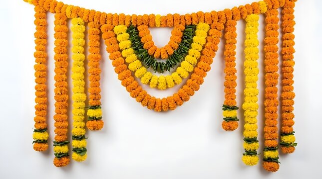 Decorative Traditional Indian Marigold Flower Garlands in Orange and Yellow with Green Leaves, Ideal for Diwali, Weddings, and Festive Doorway Decor.