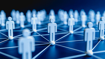 Obraz premium White human figure icons connected by lines form a network, symbolizing professional social connections and collaborative relationships.