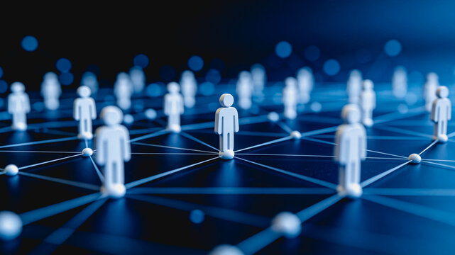 A conceptual visualization of a network of human figures connected by lines, representing social and digital relationships.