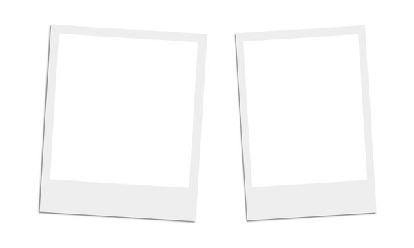 Two tilted white instant picture frames with shadows on transparent backdrop for creating social media posts and digital collages.