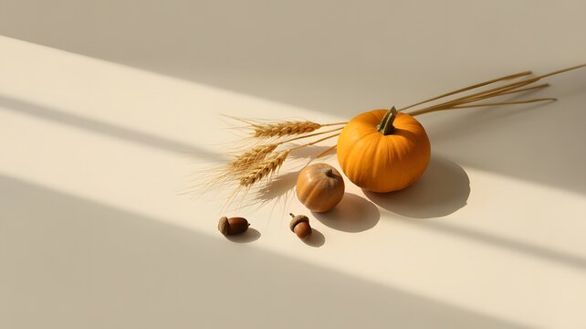 A mini pumpkin with wheat stalks, an acorn, and nuts on a light surface with shadows