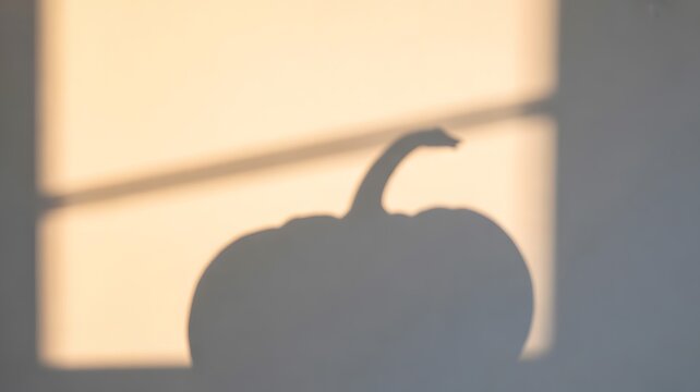 A shadow of a pumpkin is cast on a wall, illuminated by the soft, warm light of sunset. The rectangular shadow of a window pane is visible in the background