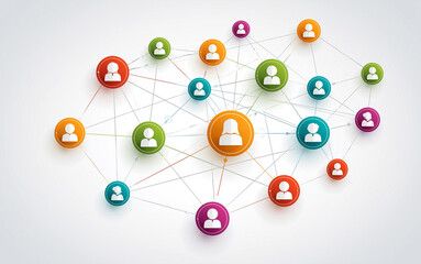 Obraz premium Colorful circular icons representing people are connected by lines on a white background, illustrating a network or social graph.