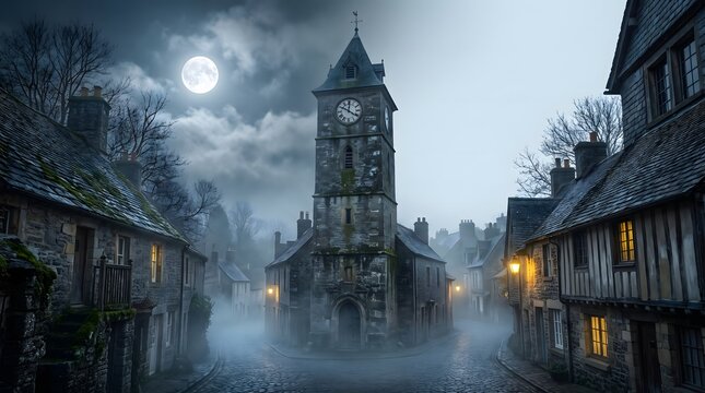 A spooky dark town square with a tall clock tower under a full moon for a halloween special image design